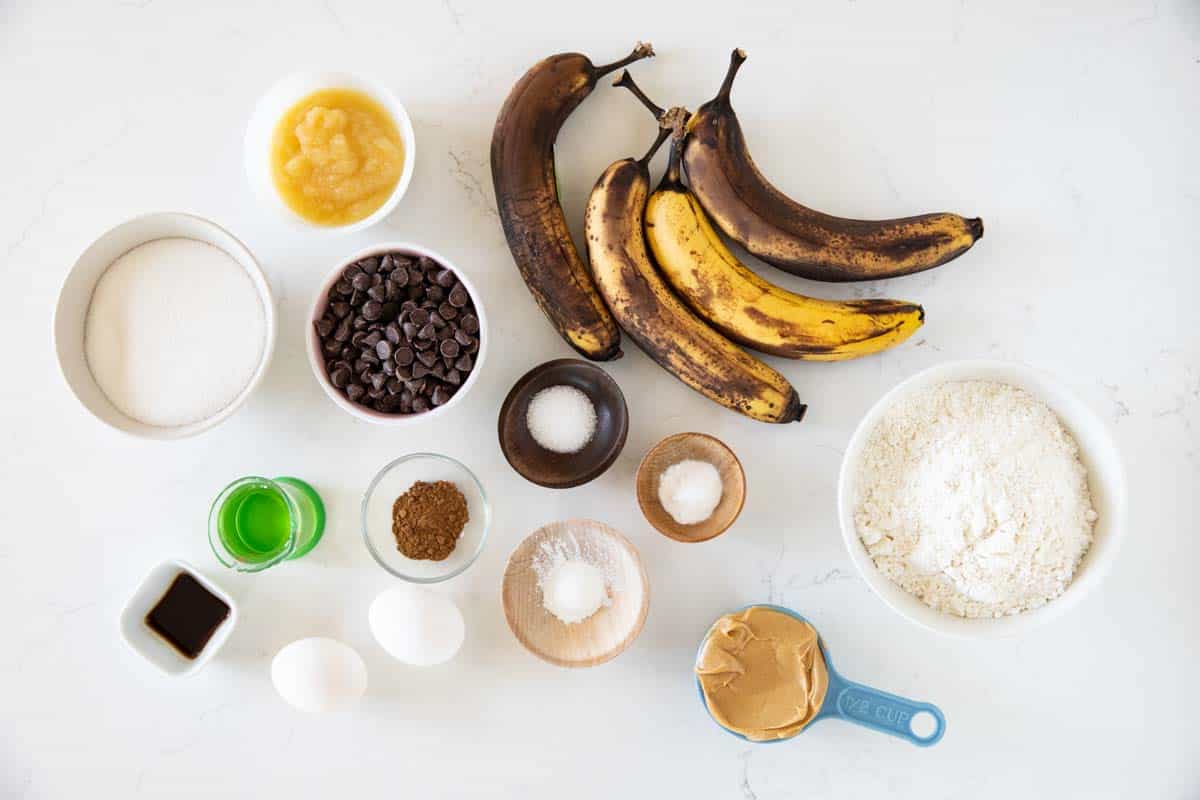 ingredients to make Peanut Butter Banana Bread with Chocolate Chips