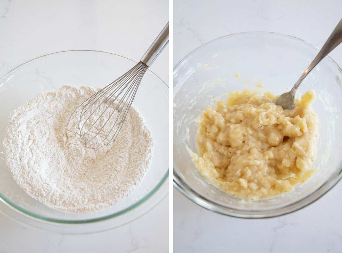 whisking dry ingredients and mashing bananas