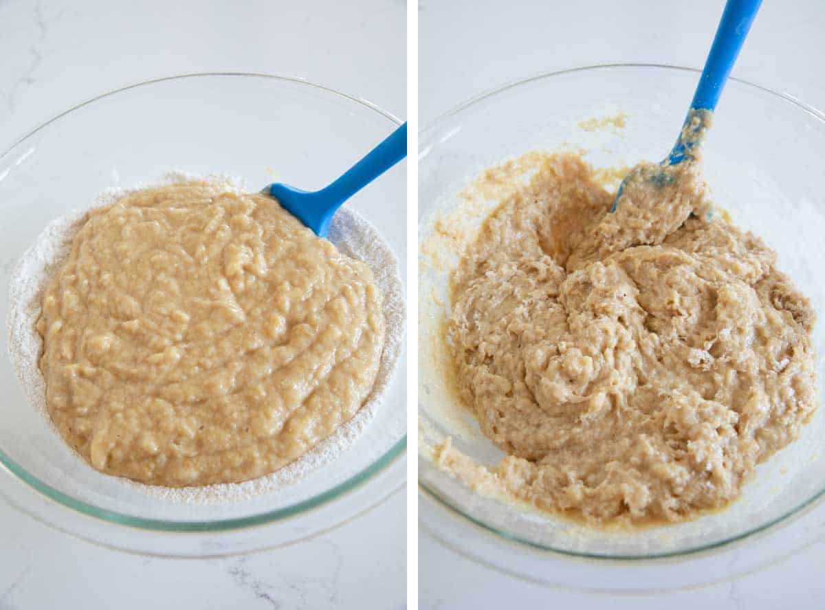 mixing together batter for peanut butter banana bread