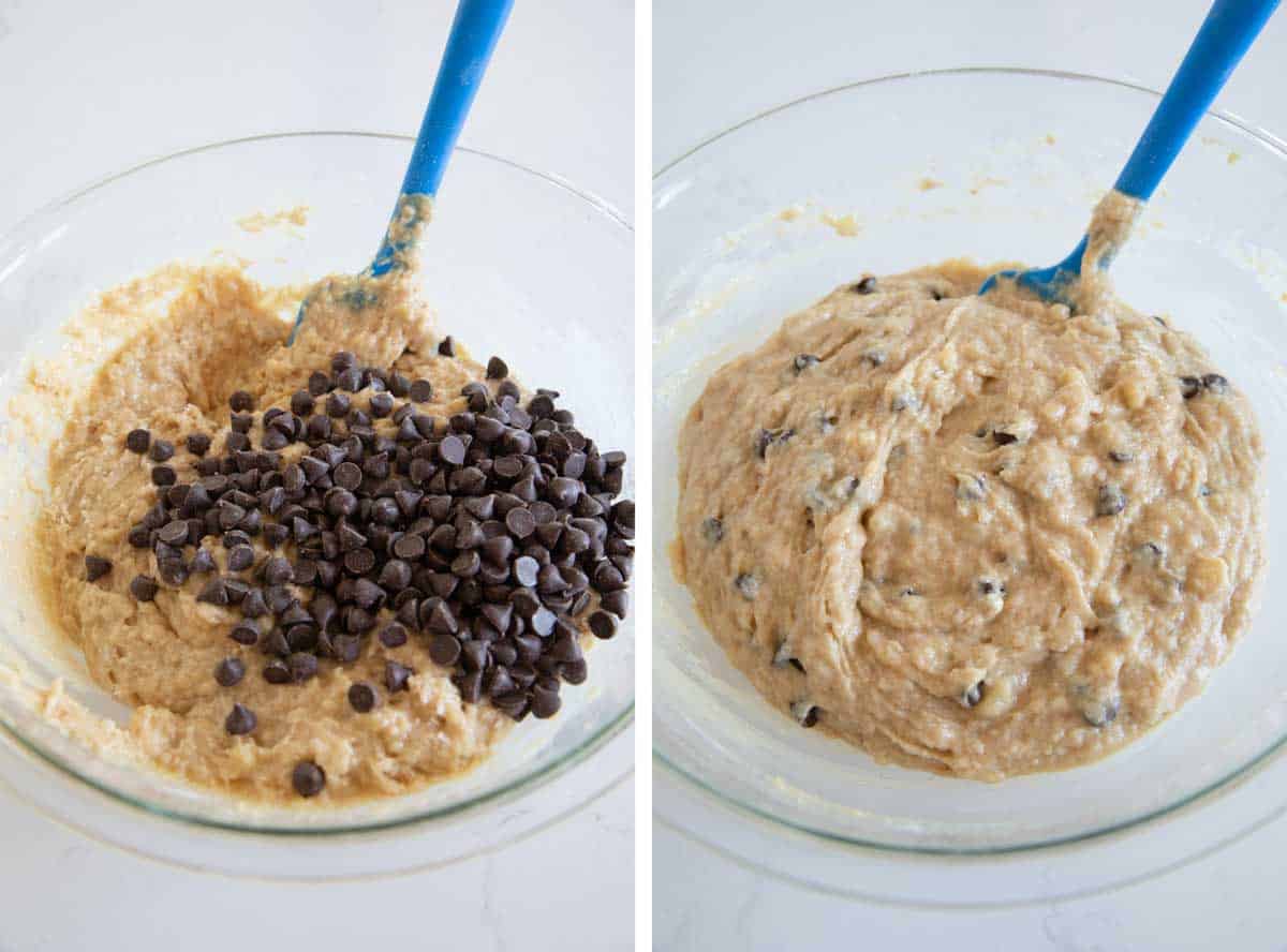 mixing chocolate chips into peanut butter banana bread