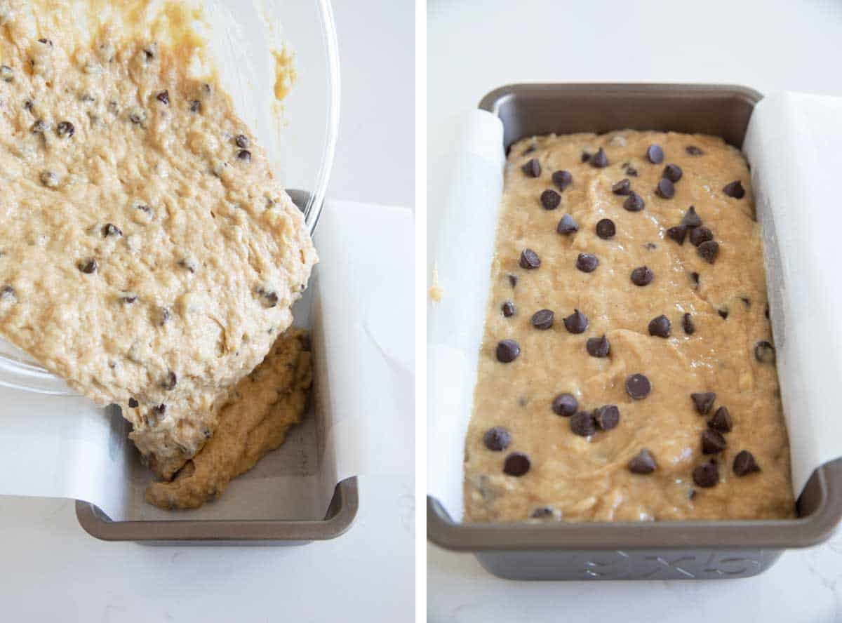 pouring batter into a loaf pan