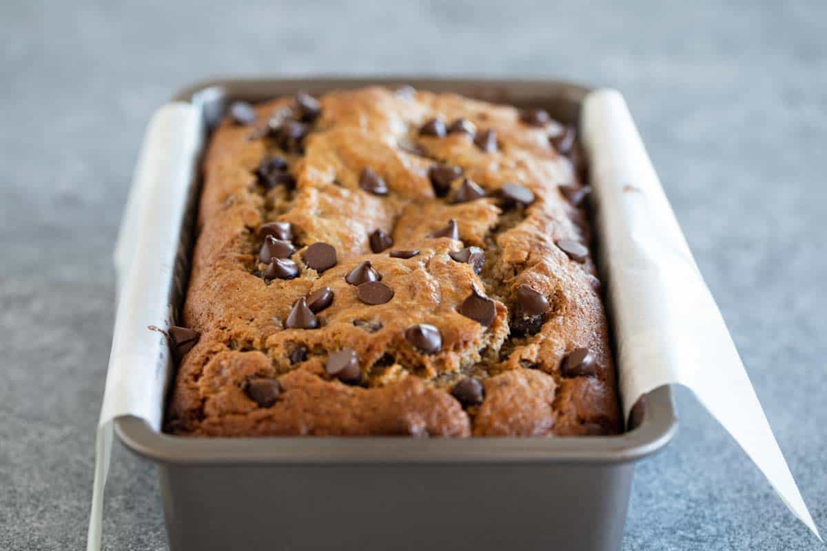 full loaf of Peanut Butter Banana Bread in a loaf pan