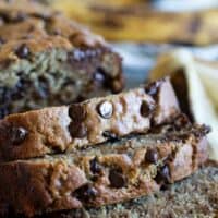 sliced loaf of Peanut Butter Banana Bread with Chocolate Chips