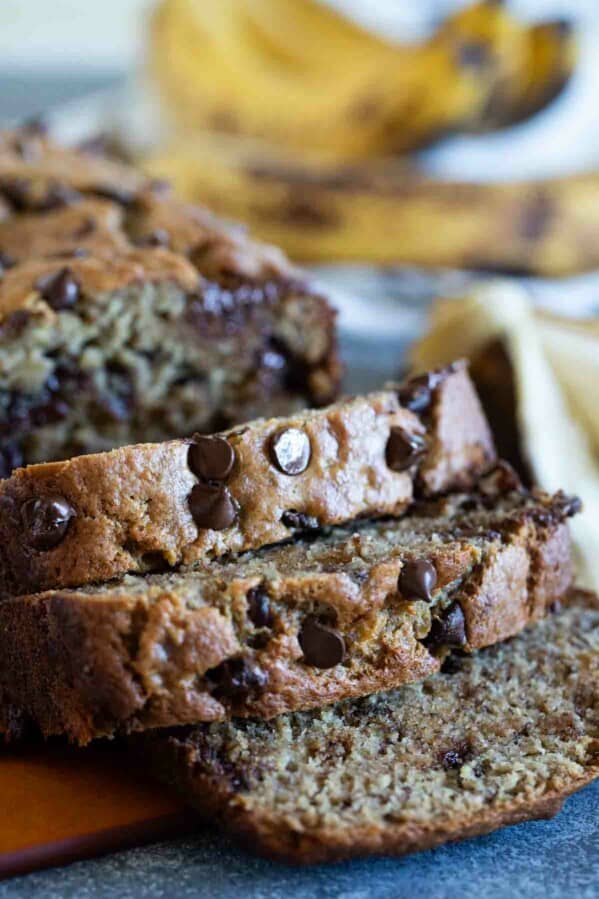 sliced loaf of Peanut Butter Banana Bread with Chocolate Chips