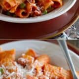 Rigatoni with Sausage, Peas, Tomatoes, and Cream collage with text