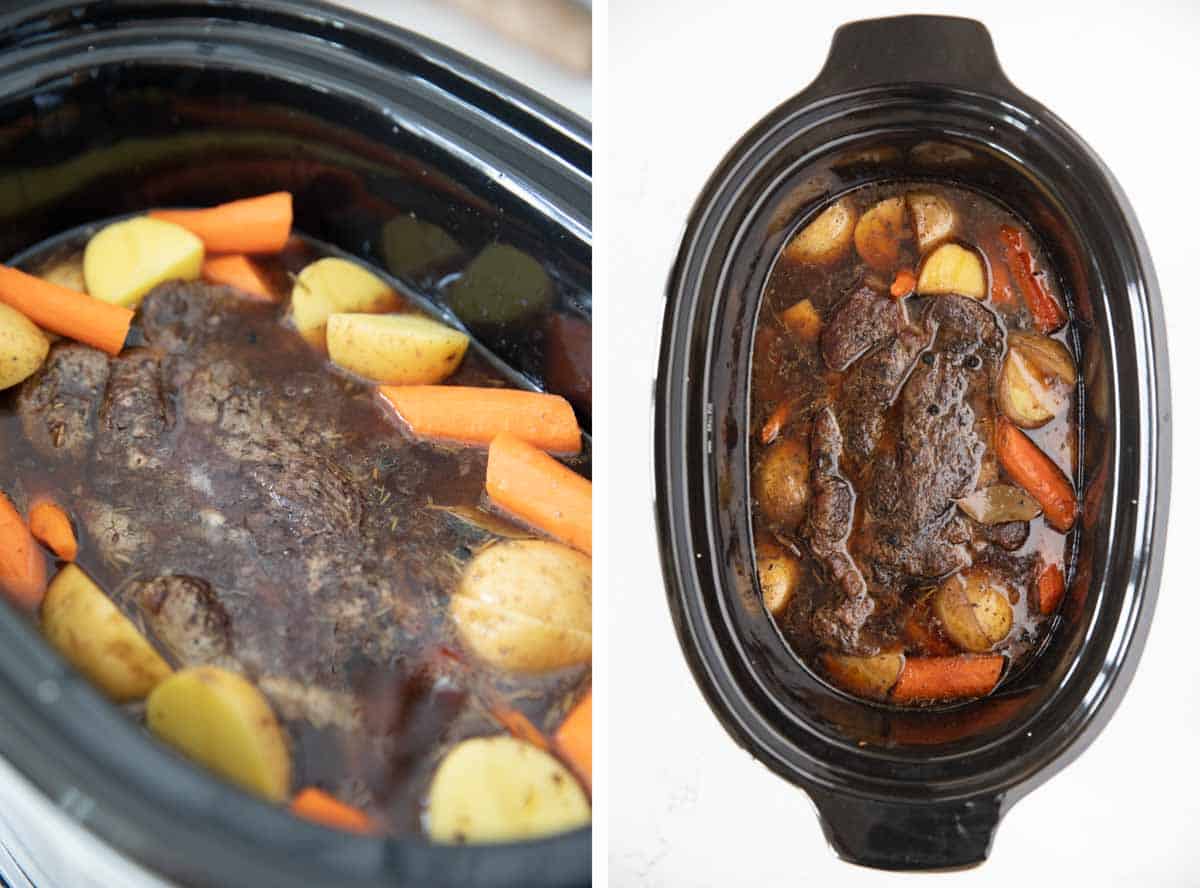 adding vegetables to a crock pot for roast