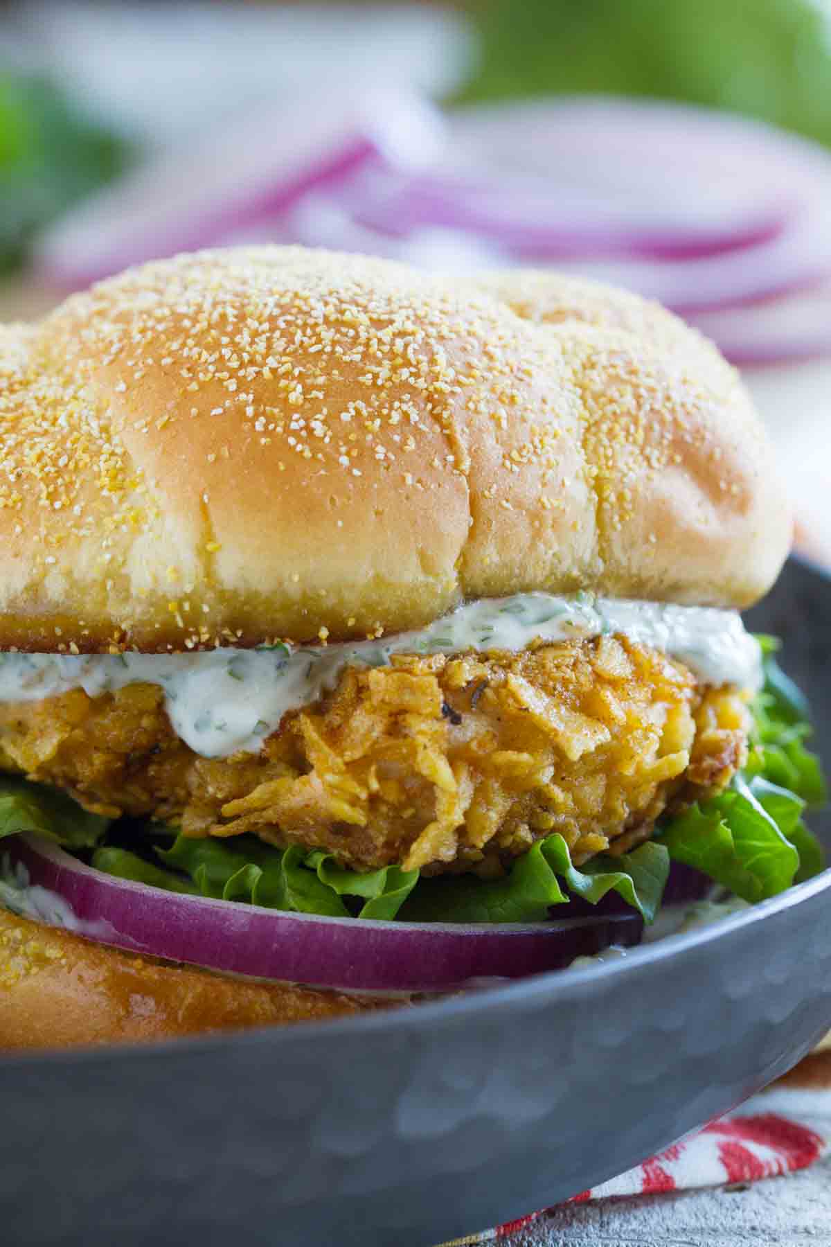 Spicy Chicken Sandwich topped with Cilantro Lime Mayo