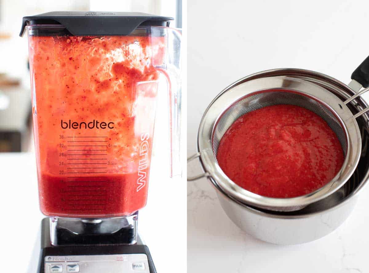 blending strawberries and straining the mixture