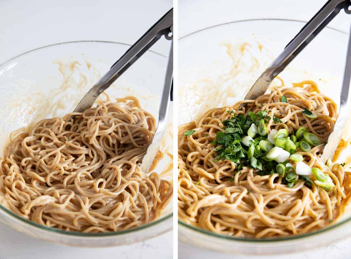 mixing peanut sauce and vegetables into thai peanut noodles