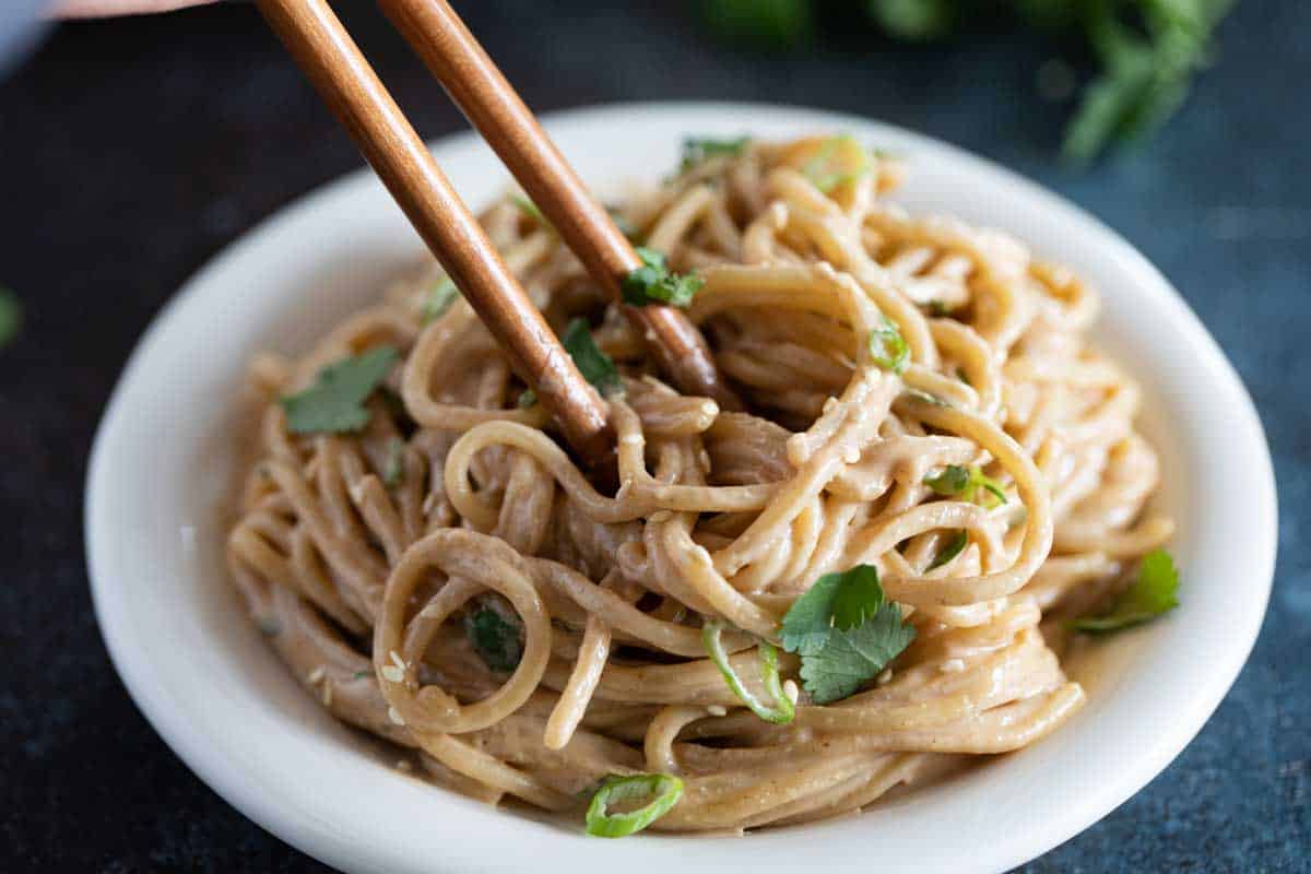 plate of Thai Peanut Noodles with chopsticks