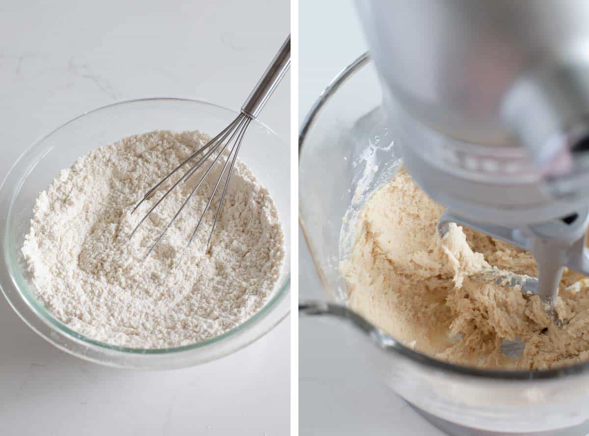 whisking dry ingredients together and creaming wet ingredients for cookie dough