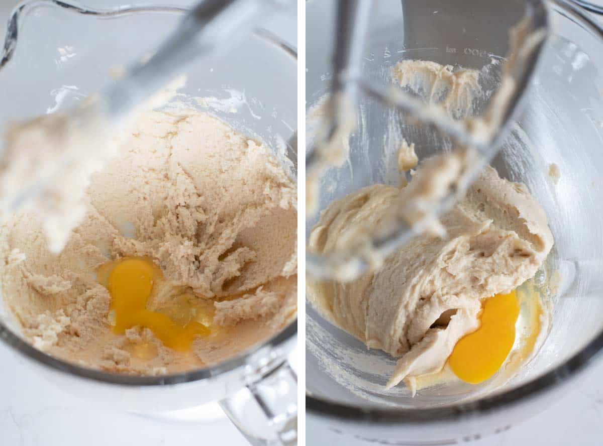 mixing eggs into cookie dough