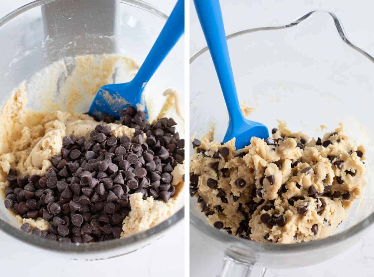 mixing chocolate chips into cookie dough