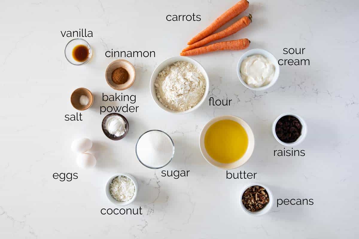 Filled with fresh carrots, coconut, and cinnamon, these Carrot Muffins are so easy and a perfect breakfast muffin. They are tender with just the perfect amount of spice. ingredients needed for carrot muffins