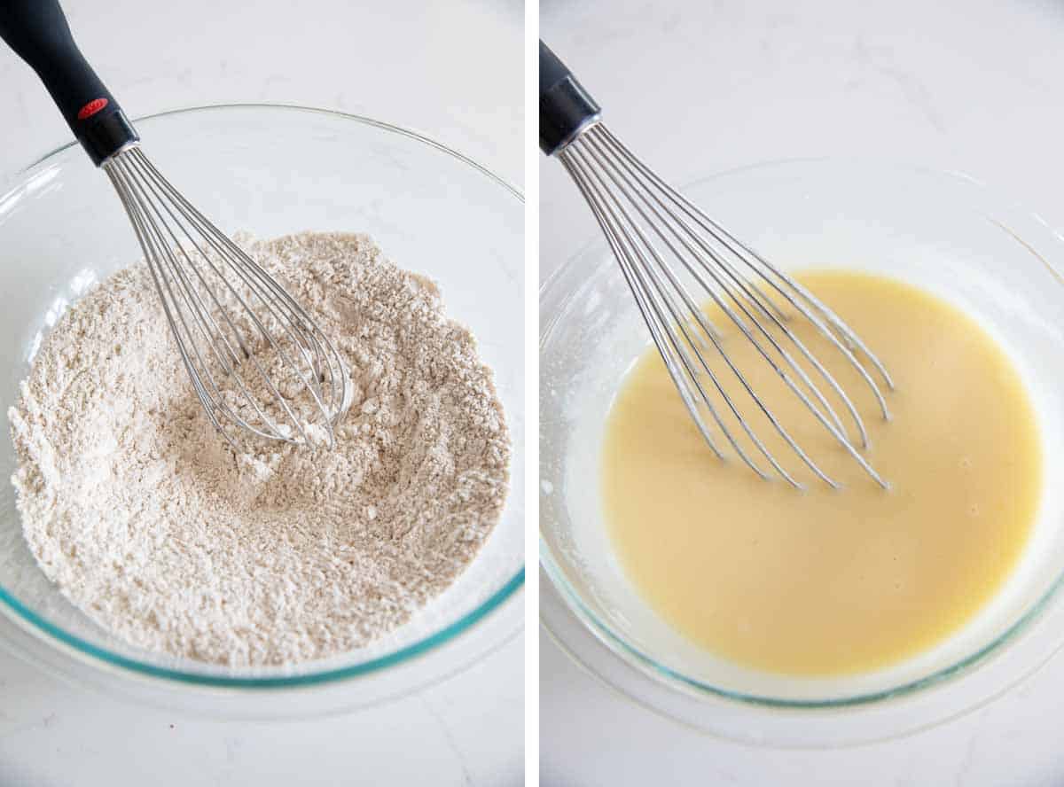 mixing dry ingredients and mixing wet ingredients for muffins