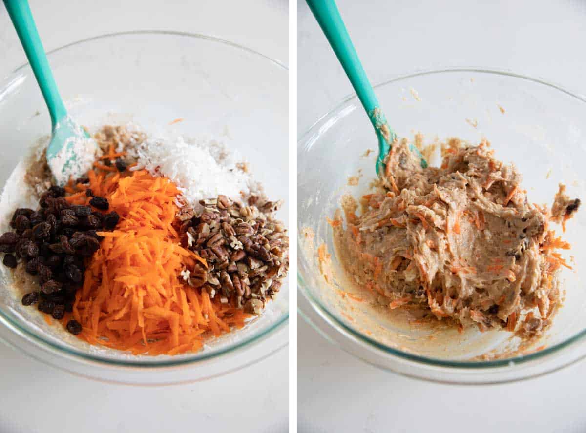 Adding raisins, carrots, coconut, and nuts to muffin batter.