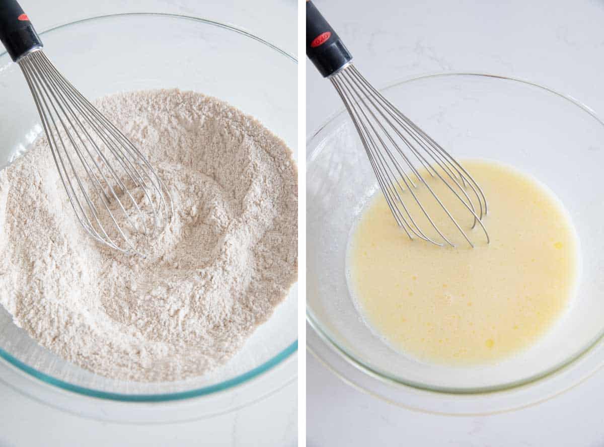 whisking the dry ingredients and the wet ingredients