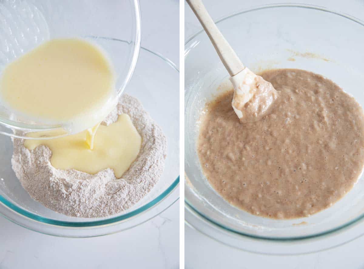 mixing wet ingredients into dry ingredients for muffin batter