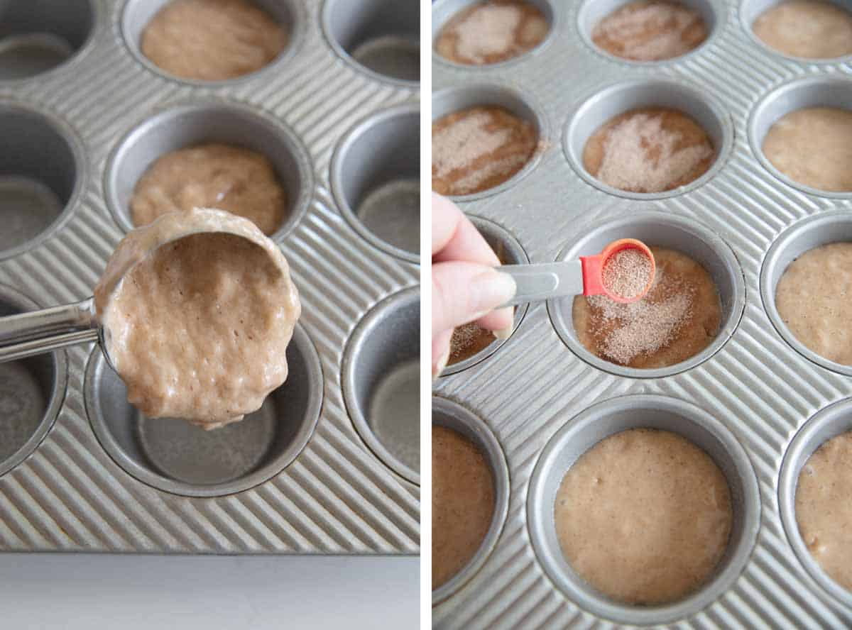 adding batter to a muffin tin and sprinkling the top with cinnamon sugar