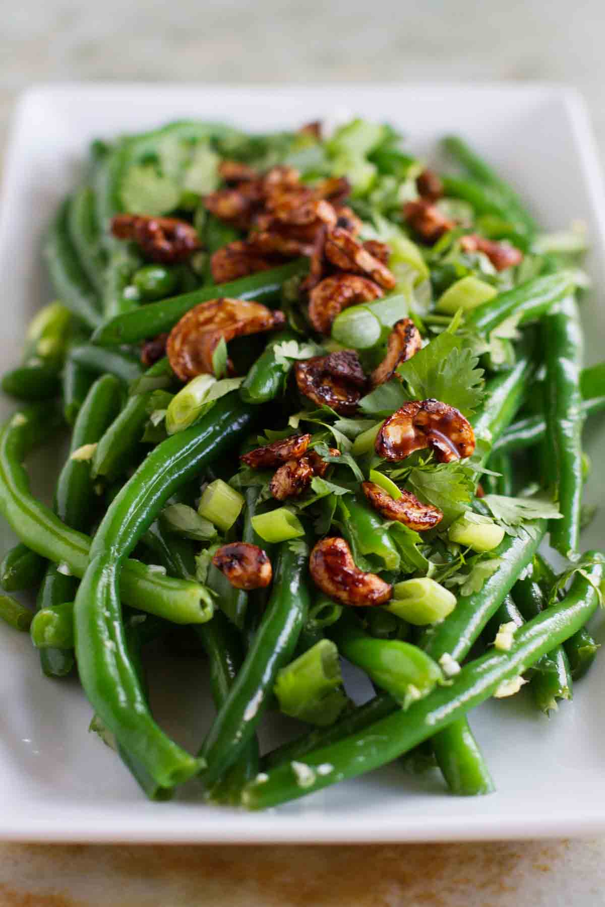 Asian Green Bean Salad topped with cashews