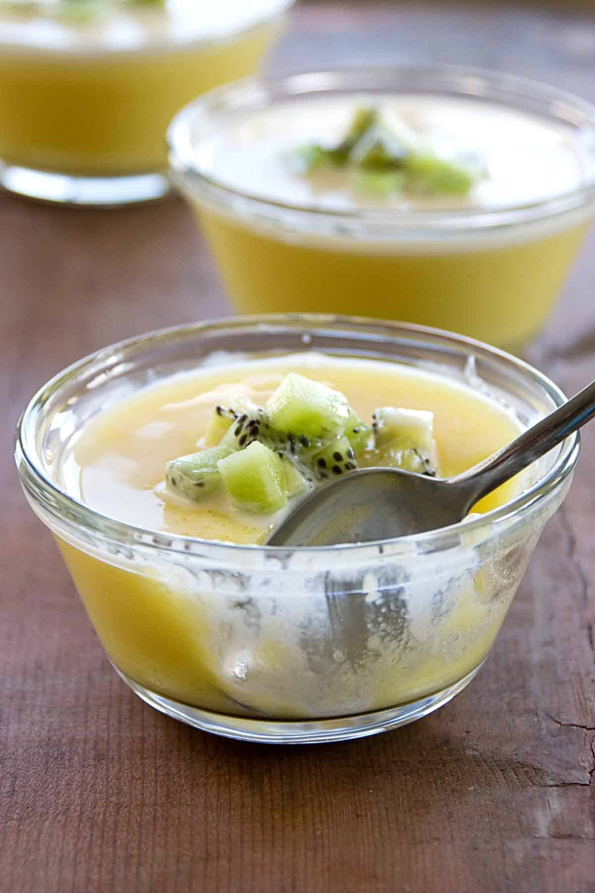 Mango Pudding with a bite taken from it