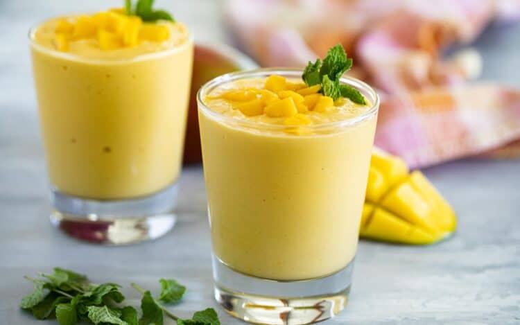 Fruit Batido with mango, topped with fresh mango.