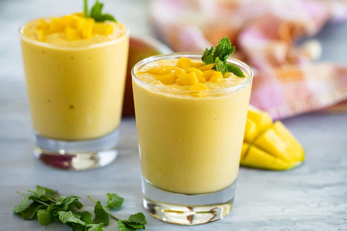 Fruit Batido with mango, topped with fresh mango.