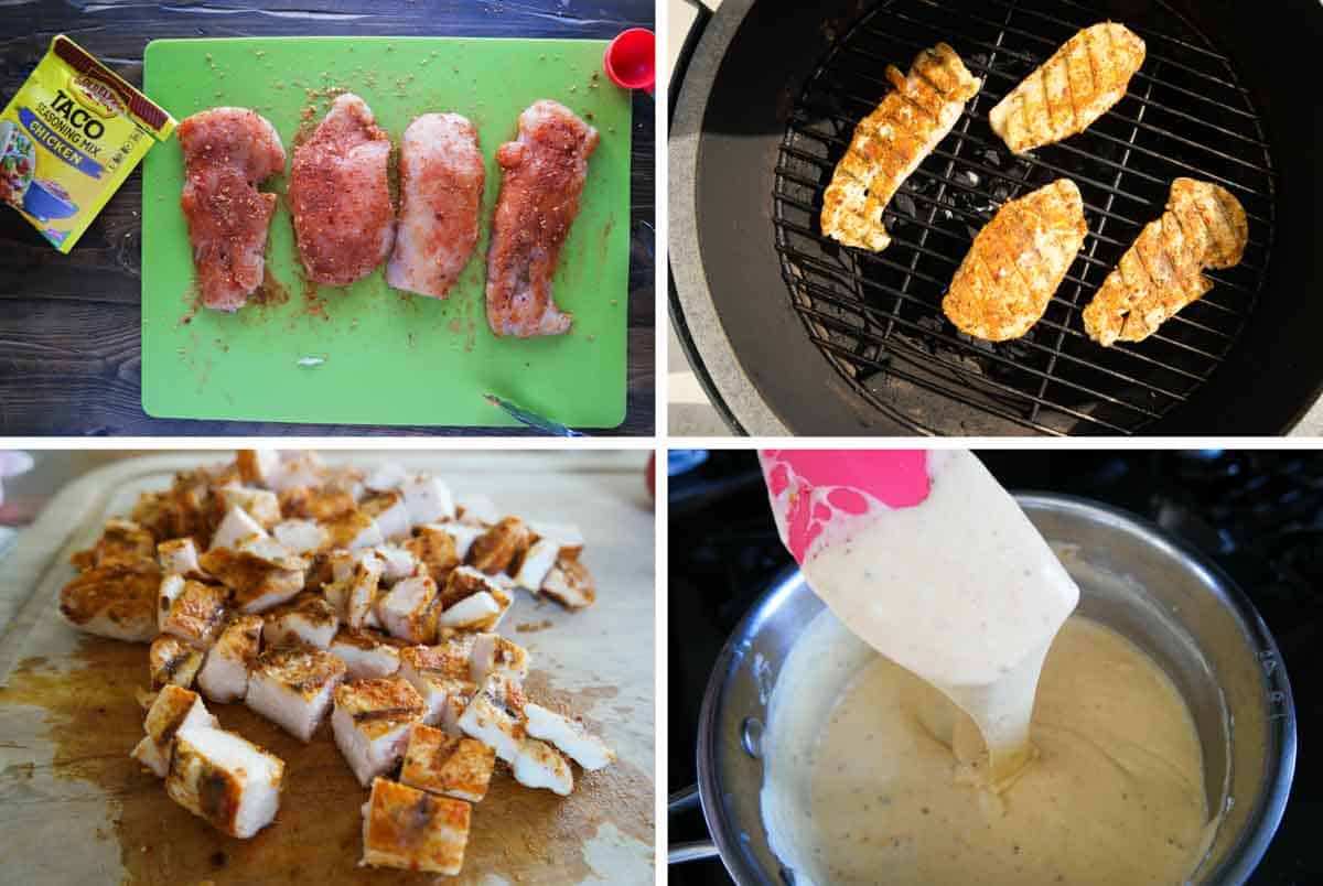 process shots for grilling chicken and making a cheese sauce