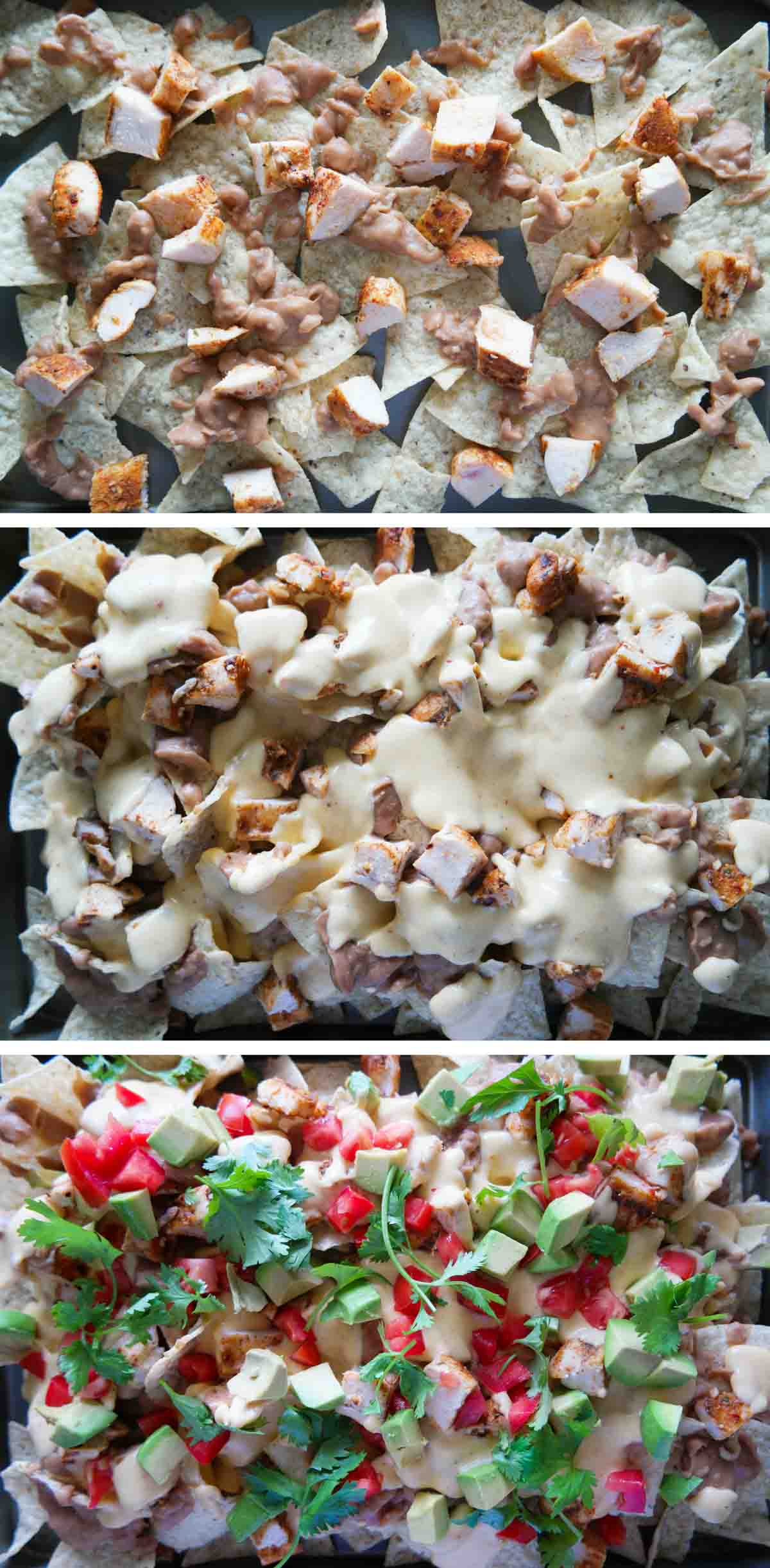 steps for toppings on grilled chicken nachos