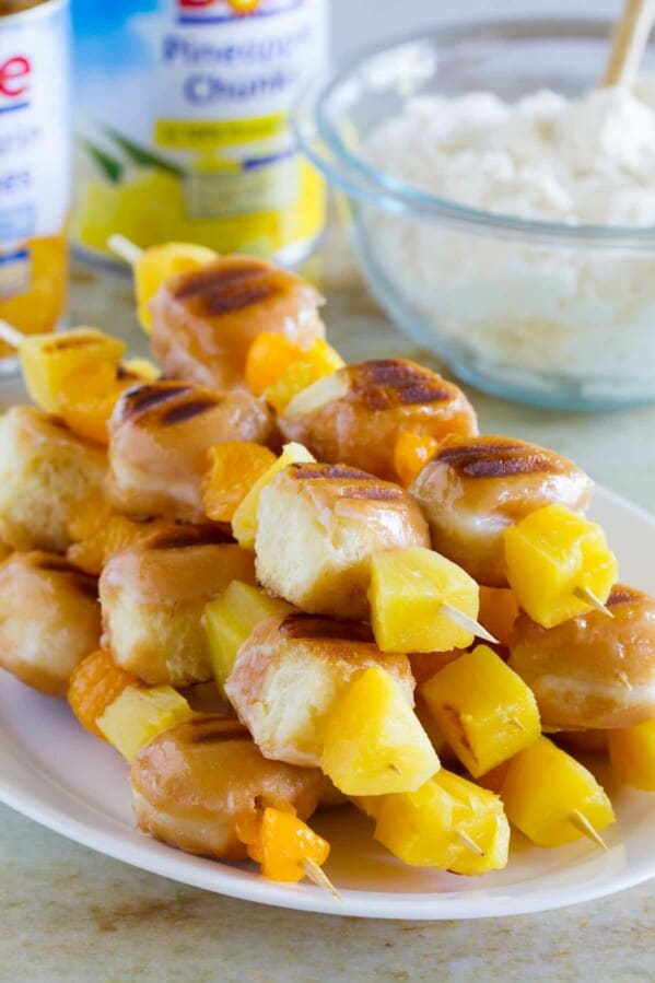 Grilled Donut and Fruit Kabobs on a plate