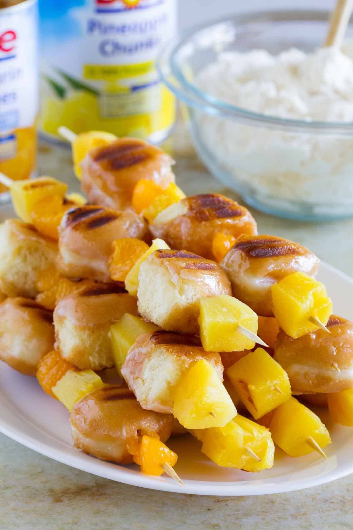 Grilled Donut and Fruit Kabobs on a plate