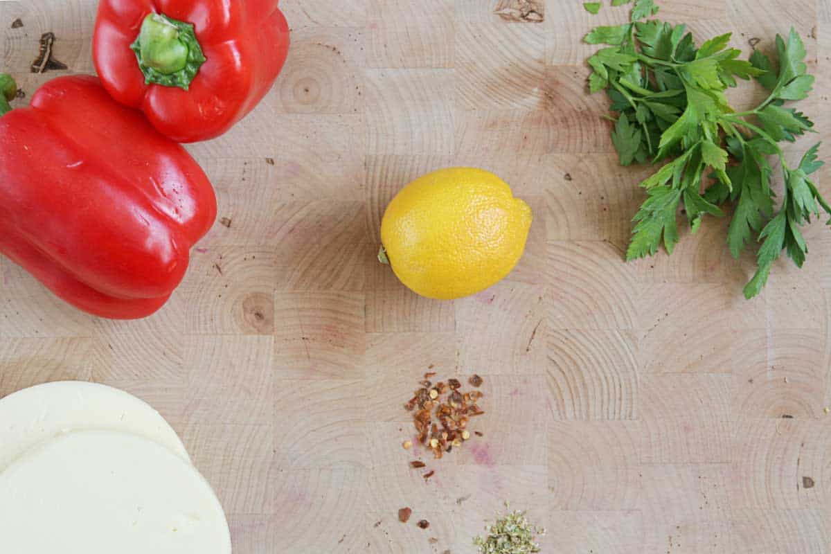 Ingredients for Grilled Roasted Red Peppers Stuffed with Cheese