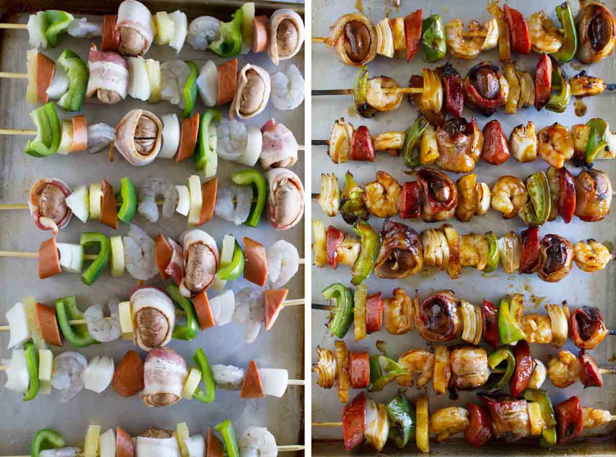 raw and cooked shrimp and sausage kabobs