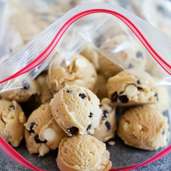 ziplock bag filled with frozen cookie dough balls
