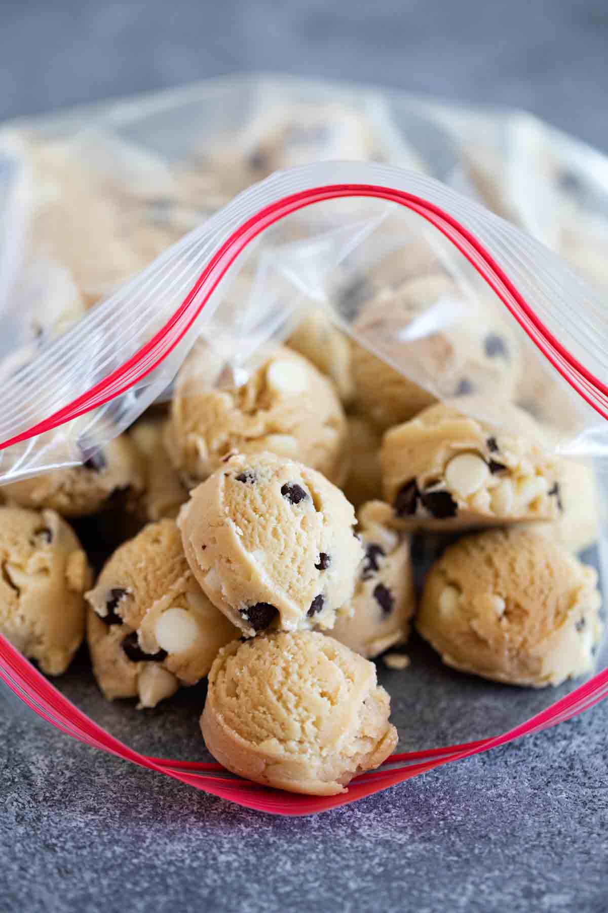 ziplock bag filled with frozen cookie dough balls
