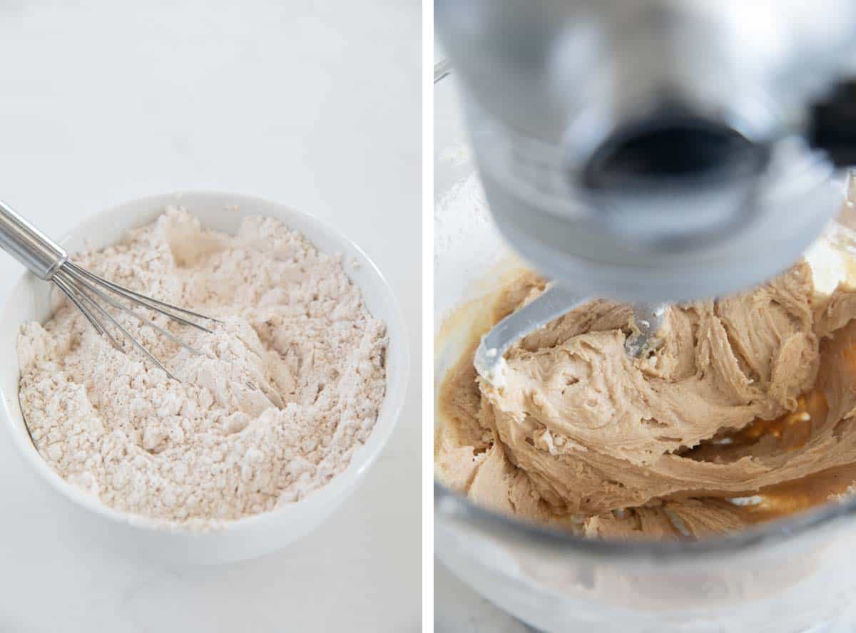 adding dry ingredients to cookie dough