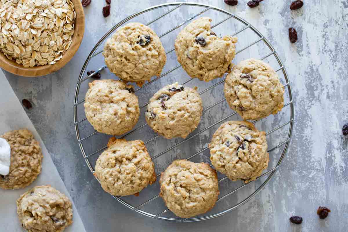 Oatmeal Raisin Cookies on a cooling rack