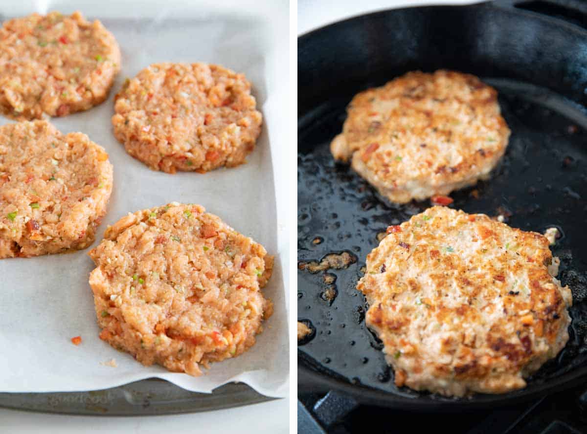Change up burger night with these Salmon Burgers with Ginger Wasabi Mayonnaise. A delicious dinner with a ton of flavor - perfect for fish lovers! shaping salmon patties and cooking