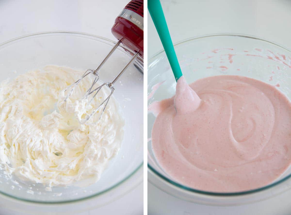 mixing in whipped cream to make strawberry mousse