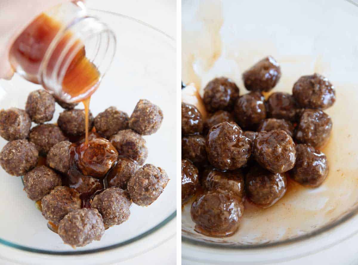 coating meatballs with sweet and sour sauce