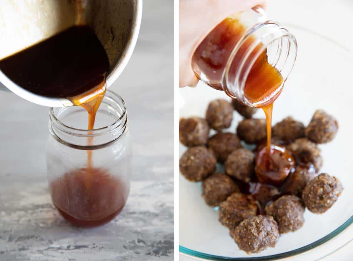 pouring sweet and sour sauce into a jar and over meatballs