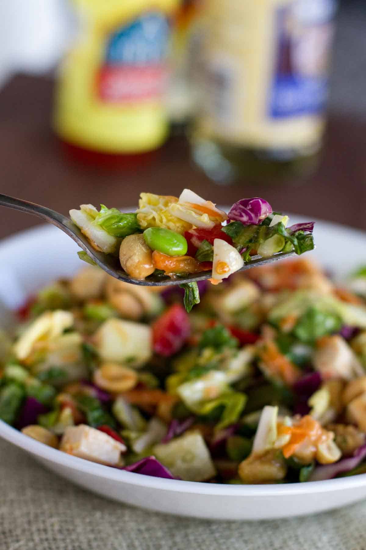 Fork with Thai Chicken Salad over a bowl