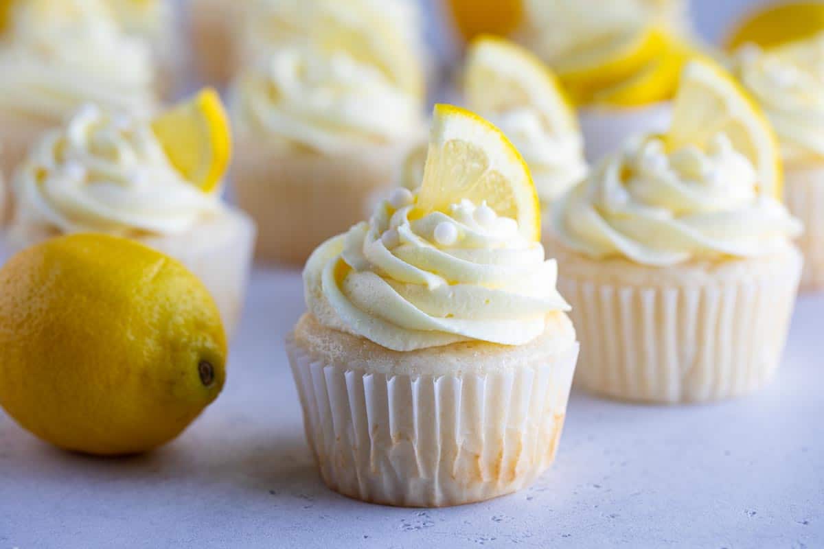 Cupcakes topped with lemon buttercream frosting and lemon slices.