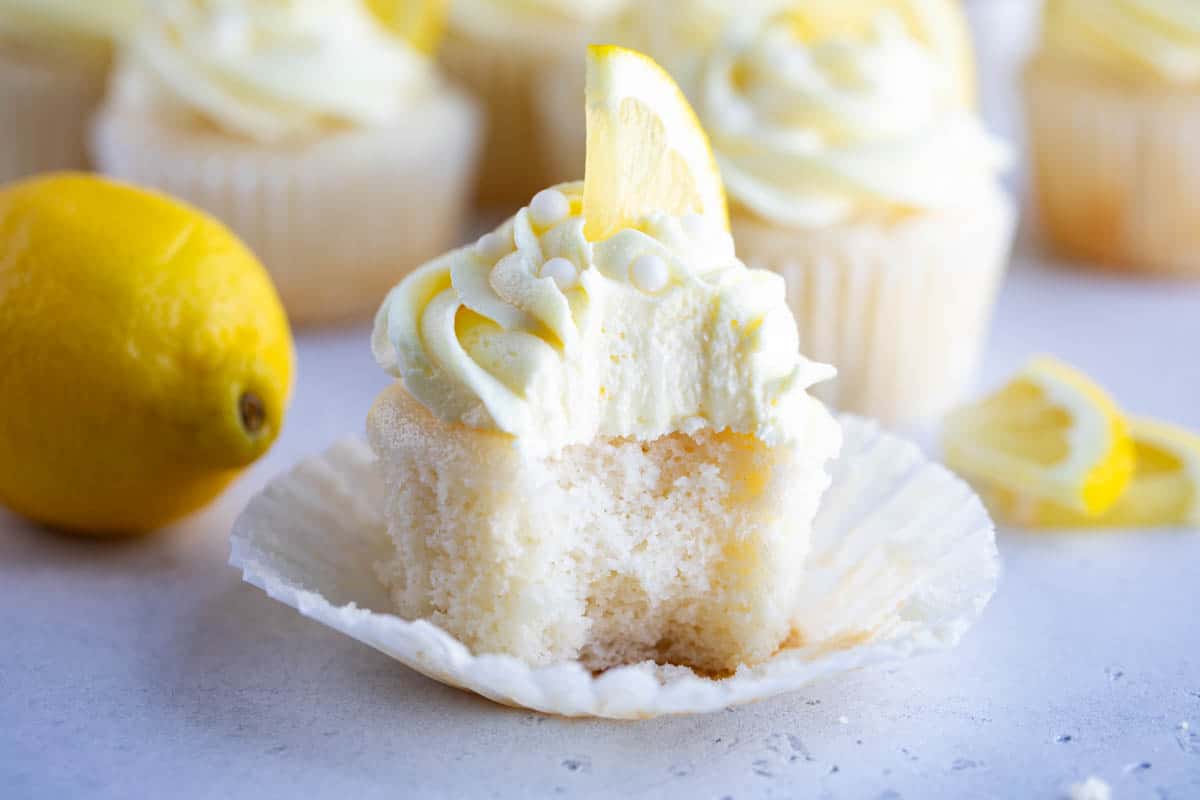 texture of lemon buttercream frosting on a cupcake