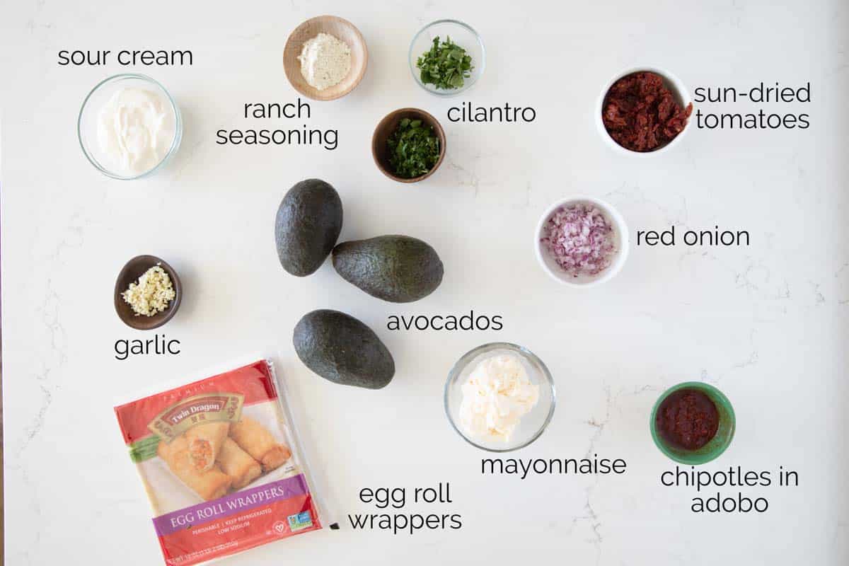 ingredients for avocado egg rolls with chipotle ranch dipping sauce