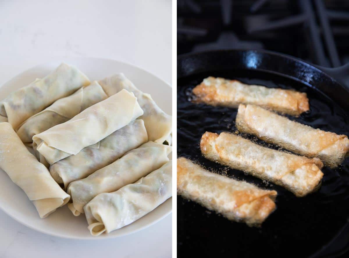 frying avocado egg rolls in a cast iron