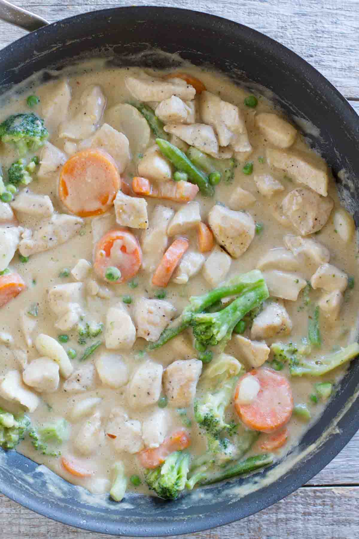 skillet with peanut chicken and vegetables