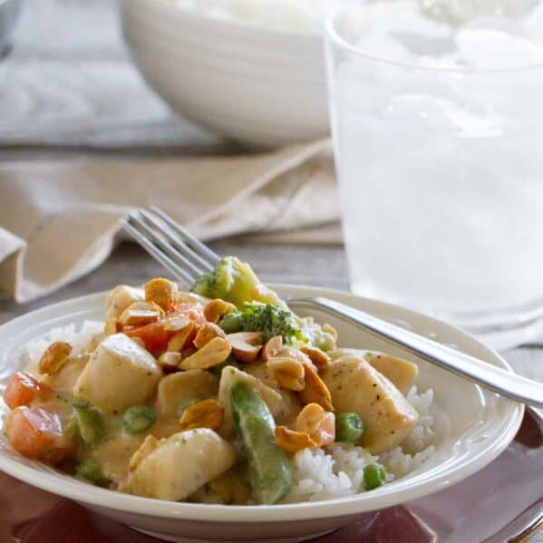 Peanut Chicken Stir fry with rice in a bowl