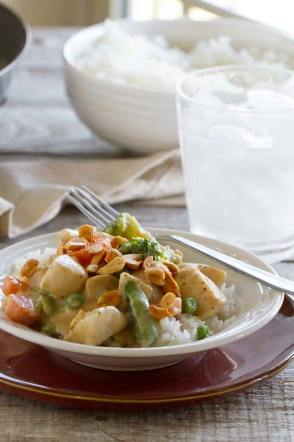 Peanut Chicken Stir fry with rice in a bowl