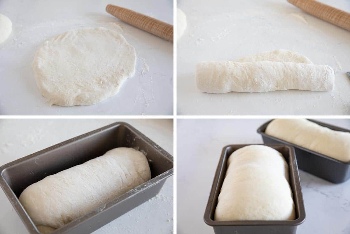 rolling dough into loaves and putting in loaf pans